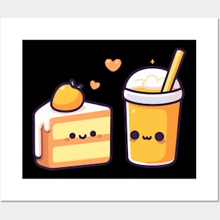 Cute Kawaii Mango Milkshake and Mango Cake with Hearts | Kawaii Food Design Posters and Art